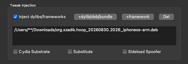 Sideloadly Advanced Options: the .deb added under Tweak Injection